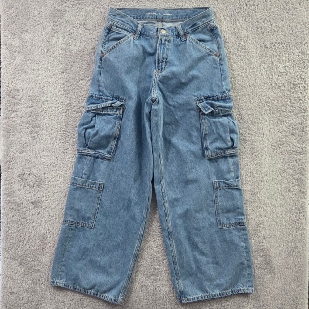 Old Navy Baggy Wide Leg Cargo Jeans Women 0 Blue Light Wash Drapey Denim Utility